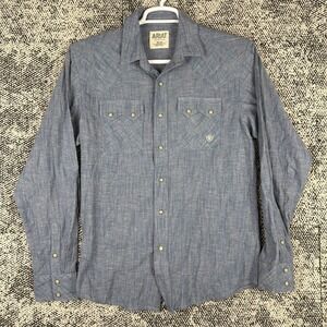 Ariat Retro Fit Pearl Snap Shirt Mens Medium Blue Chambray Western Riding Rodeo‎